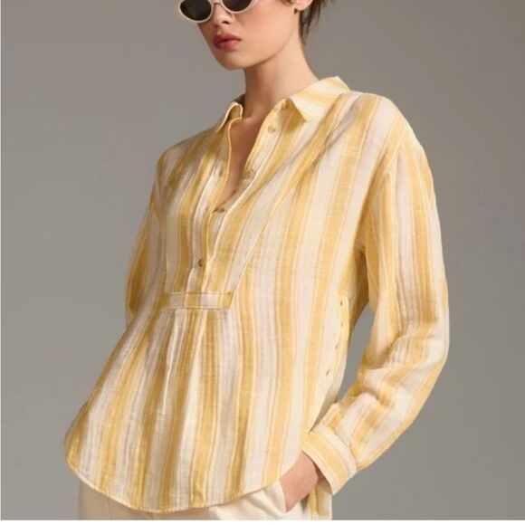 Anthropologie Yellow and White Striped Relaxed Half Button Down Shirt - Picture 1 of 6